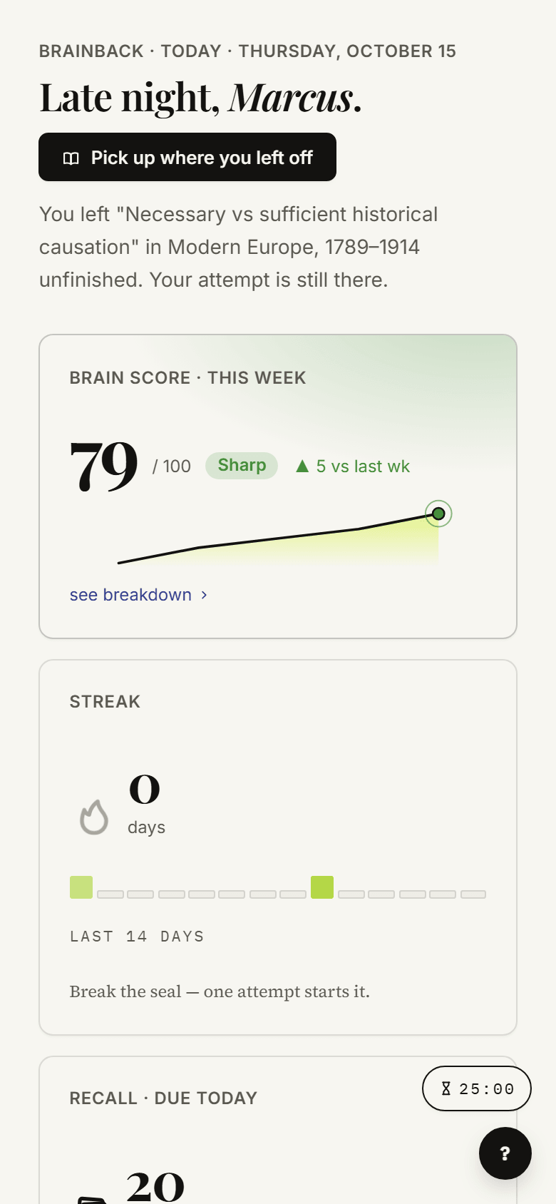 Brainback Today dashboard on mobile